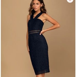 Lulu's Cocktail Ready Navy Blue Crochet Lace Midi Dress
